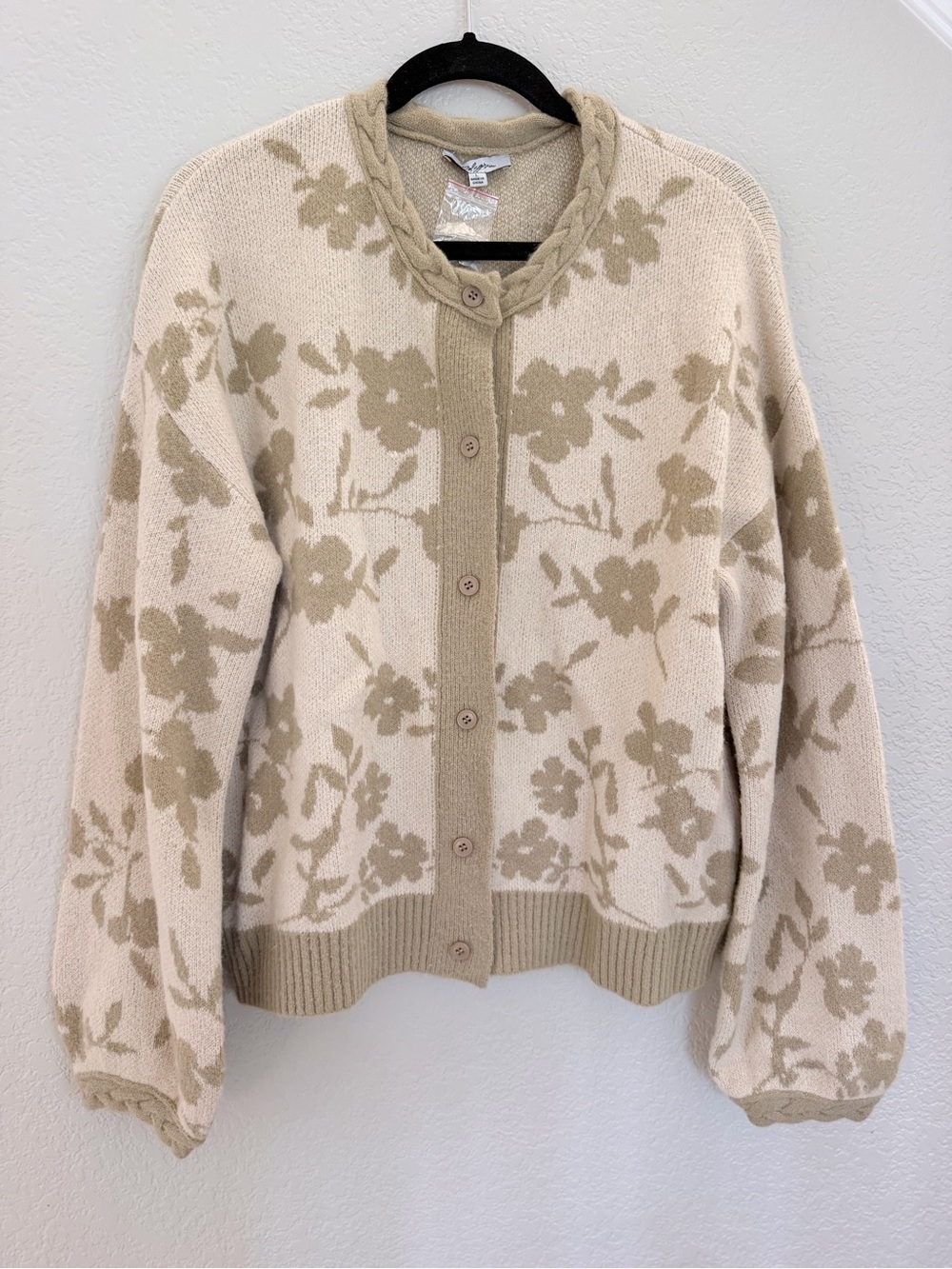 Polagram Floral Print Cardigan Cream Tan Cable Knit Collar Size L